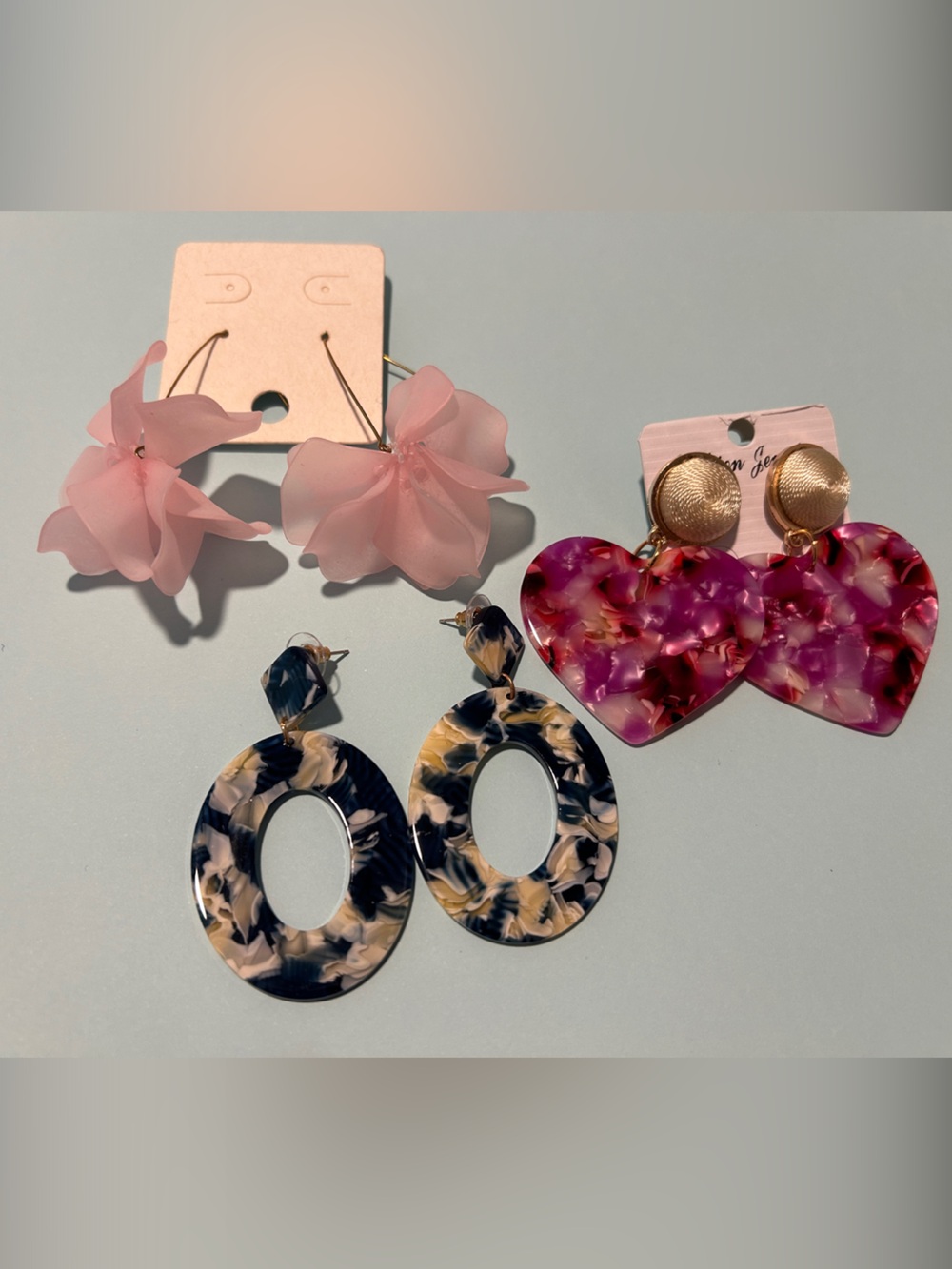Statement Resin & Floral Drop Earring Set - Pink, Navy, Gold